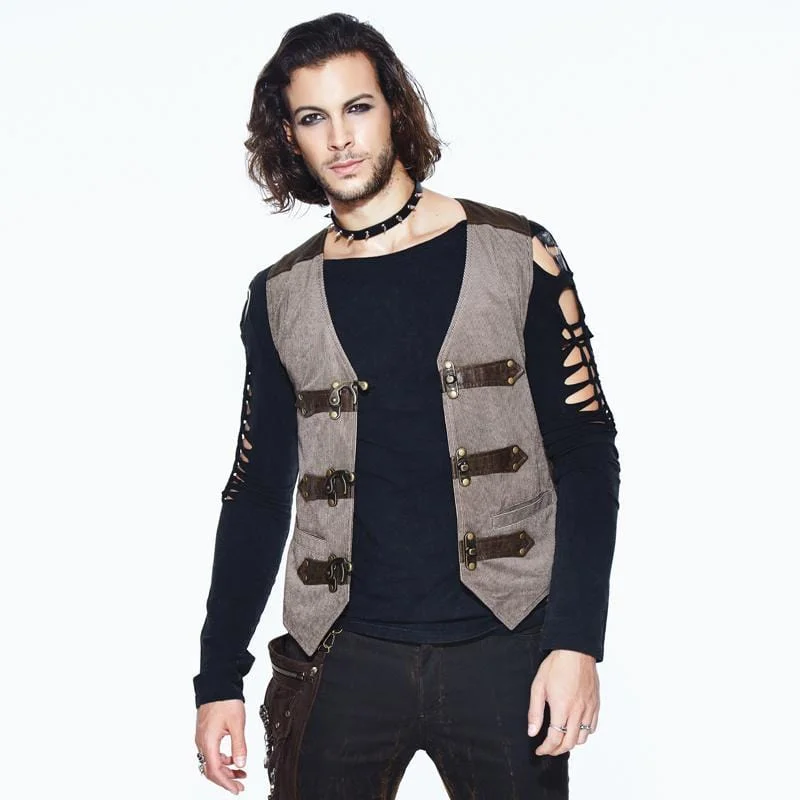 Men's Leather Trimmed Military Style Punk Vest