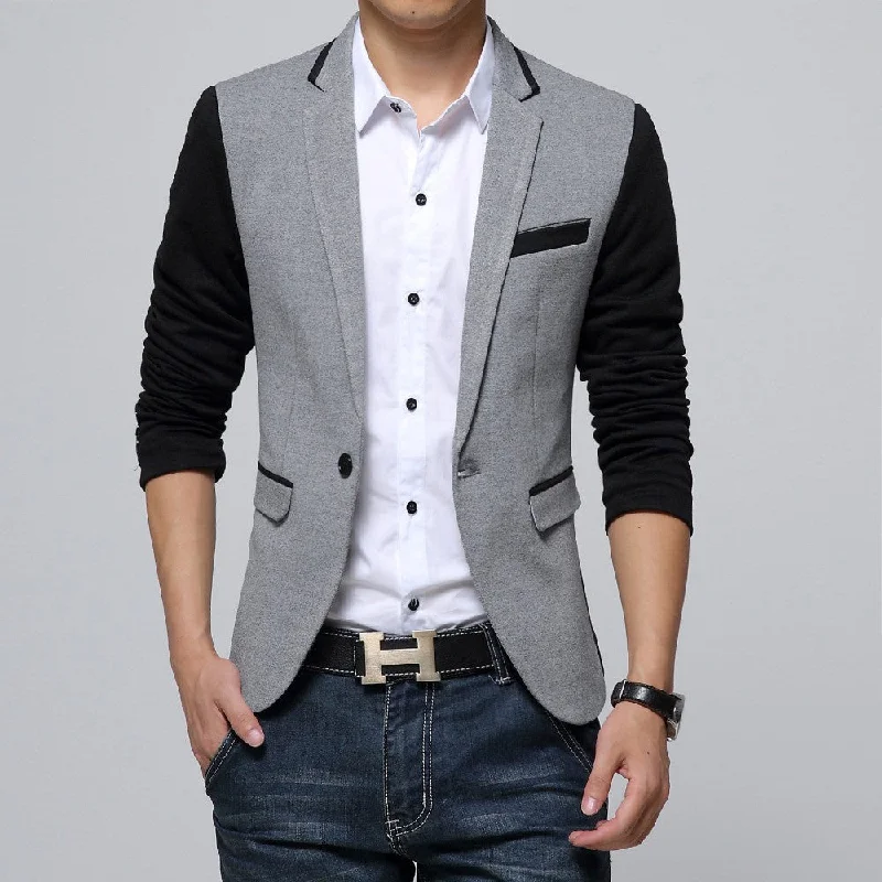 Slim Fit Casual jacket Cotton Men Blazer Jacket Single Button Gray Mens Suit Jacket Autumn Patchwork Coat Male Suite