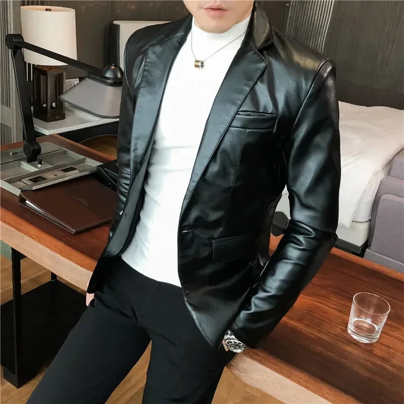 Men Fashion Casual Black White Suit Leather Jacket /Men Solid Color Business Suit Collar PU Blazers Dress Coat