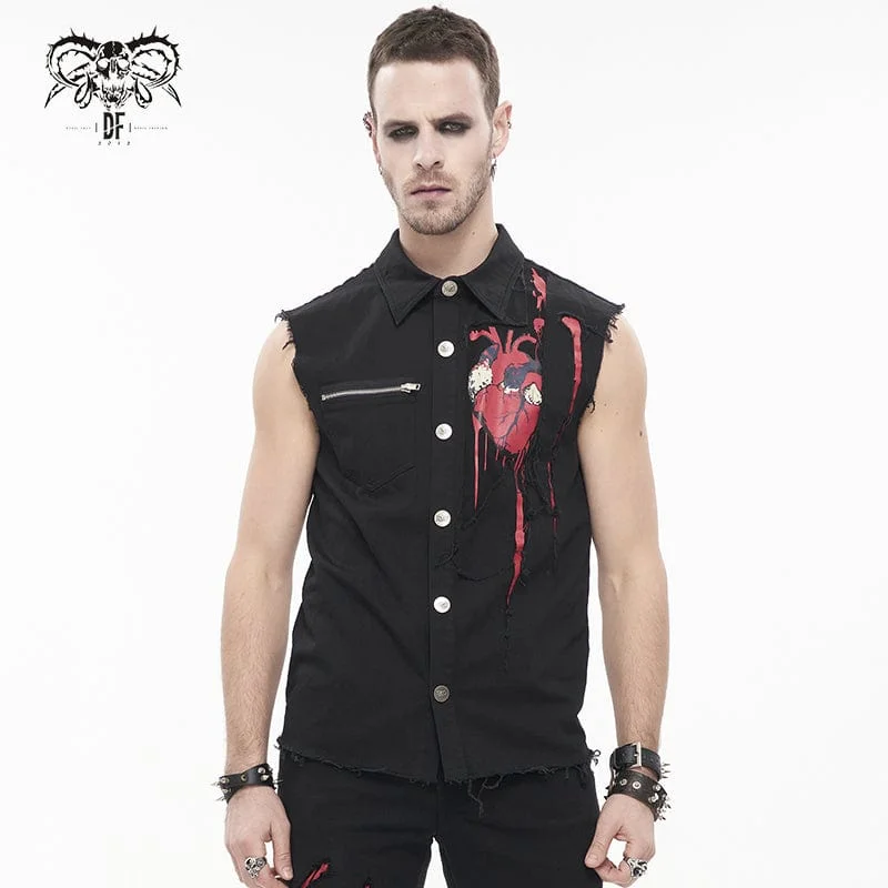 Men's Punk Heart Printed Ripped Unedged Vest