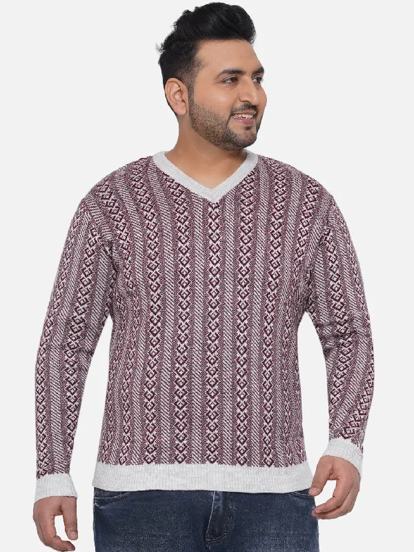 Santonio - Plus Size Men's Maroon Regular Fit Printed V-Neck Pullover