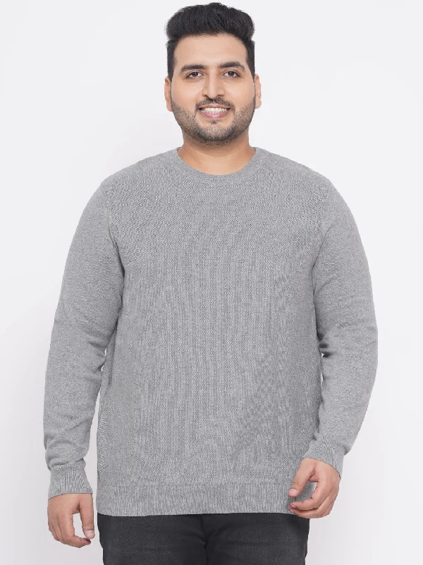 Kiabi - Plus Size Men's Regular Fit Grey Solid Cotton Knitted Long Sleeves Round Neck  Sweater