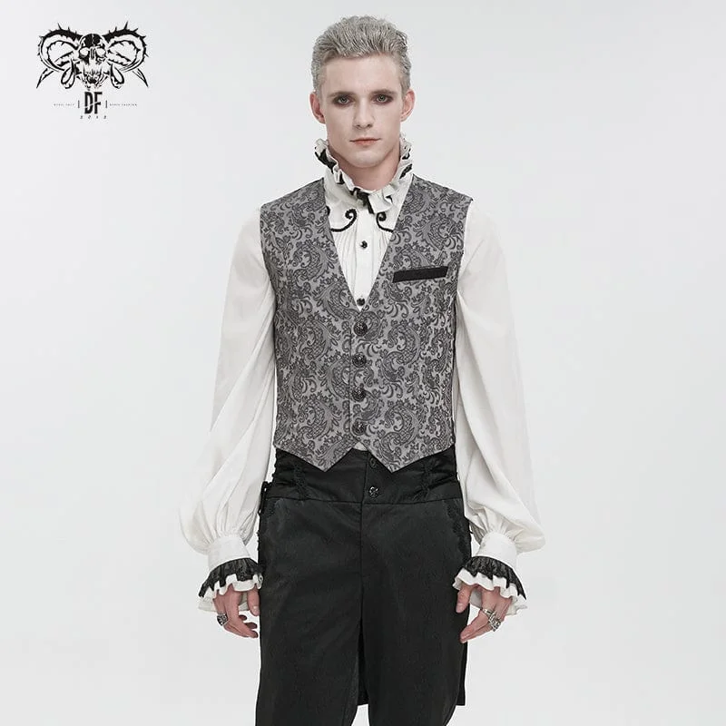 Men's Gothic Cashew Printed Swallow-tailed Waistcoat Grey