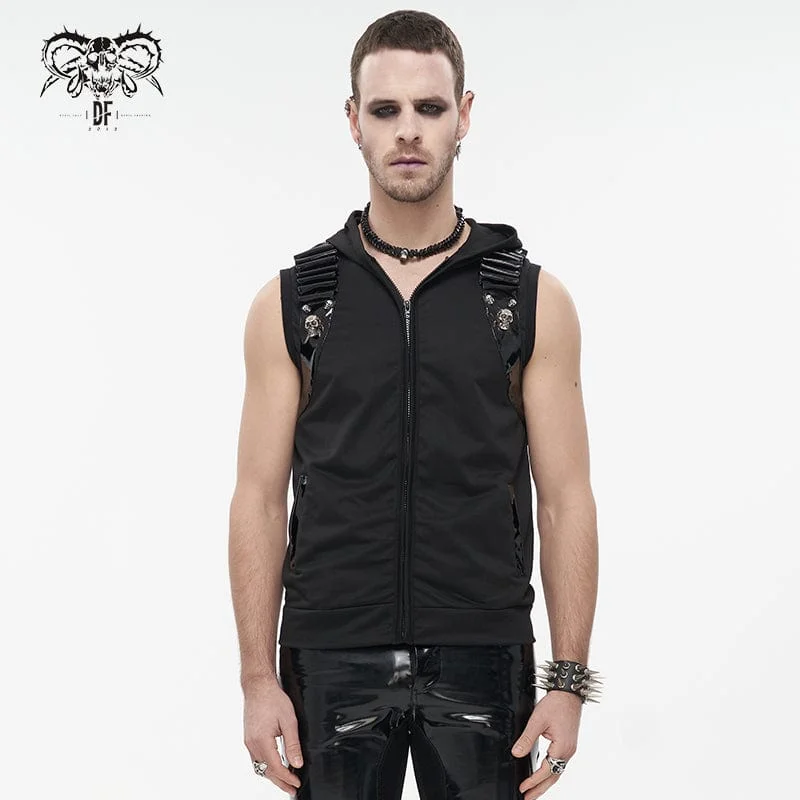 Men's Punk Skull Faux Leather Splice Vest with Hood