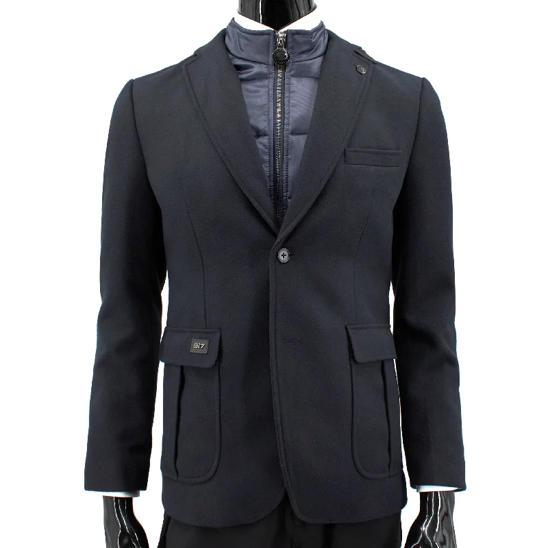 John Peter London Men's Wool Blazer with Quilted Zip-Up Lining in Navy