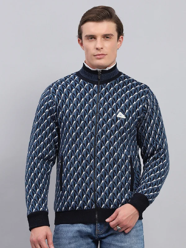Urban Vests Men Blue Self Design Mock Neck Full Sleeve Jacket