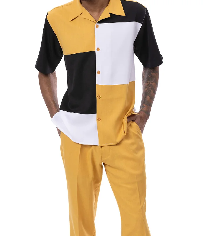 Stylish Scarves Gold Black Color Block Walking Suit 2 Piece Short Sleeve Set