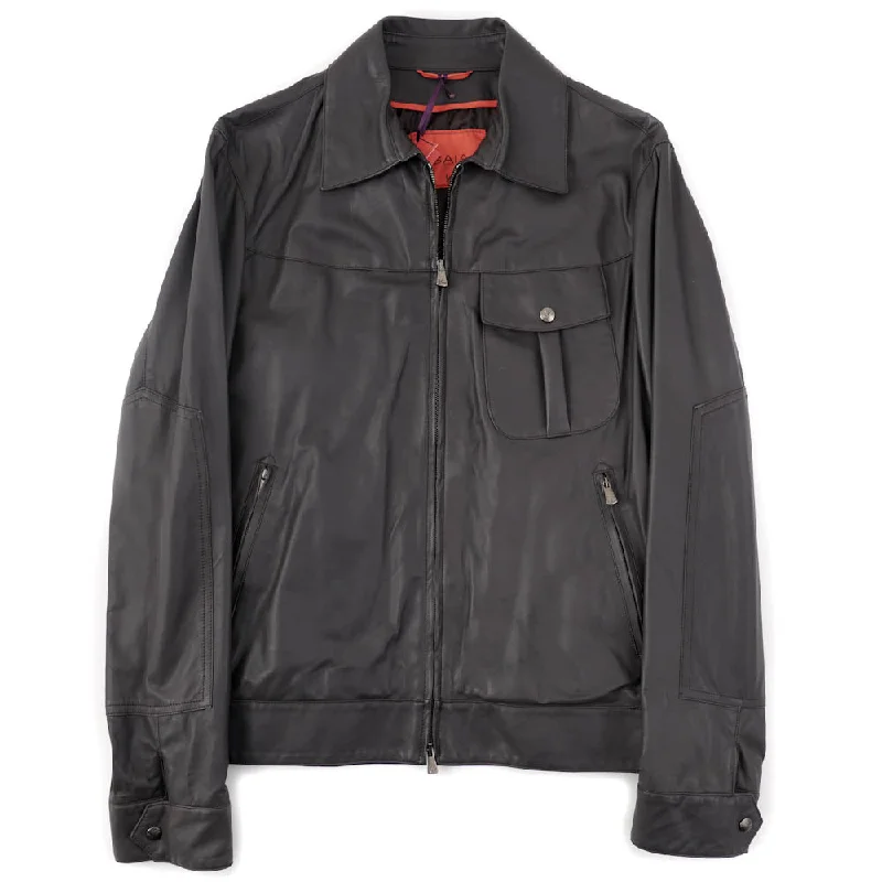 Isaia Flight Jacket in Dark Gray Leather