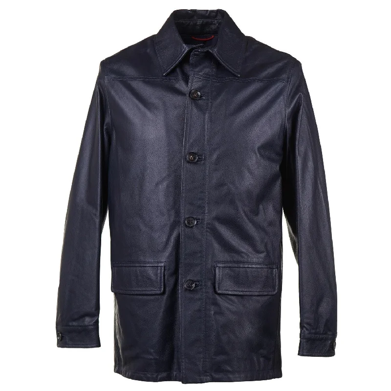 Isaia Leather Utility Jacket in Navy Blue