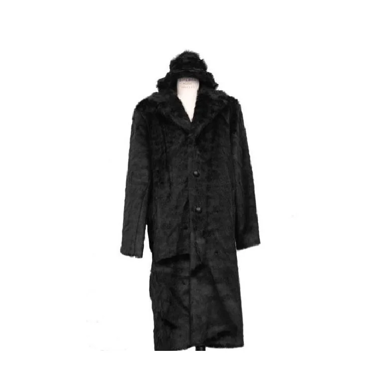 Men's Long Length Faux Fur Coat Full Length Matching Hat Black