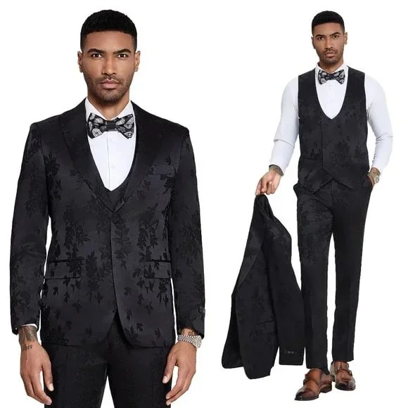 2025 Floral Mens 3PC Suit w/ Double Breasted Prom Vest by Tazzio, Black