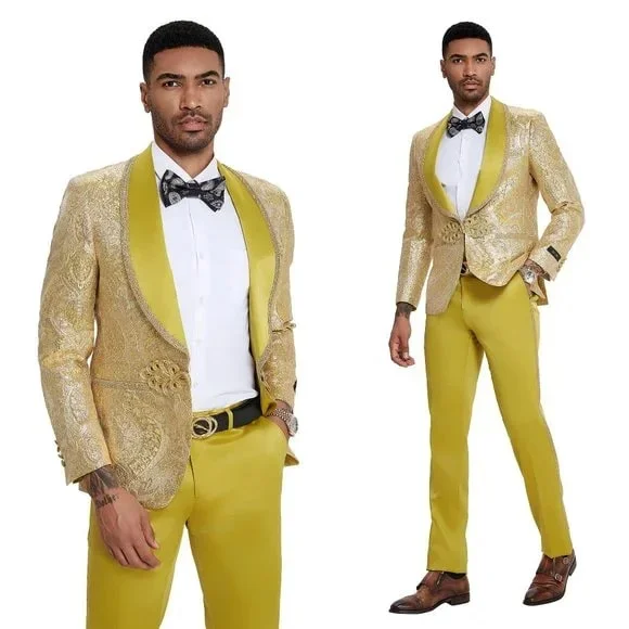 2025 Prom Special Mustard Paisley 2pc Mens Suit by Tazzio