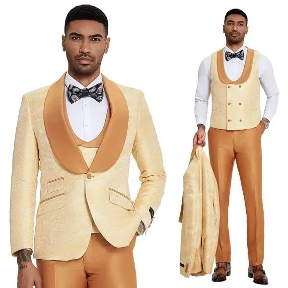 2025 Prom Special Orange Tuxedo Suit w/ Double-Breasted Vest by Tazzio