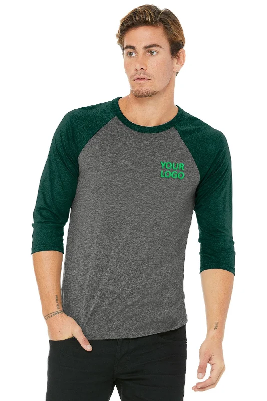 Bella Canvas Unisex 3/4-Sleeve Baseball T-Shirt, Grey/ Emerald