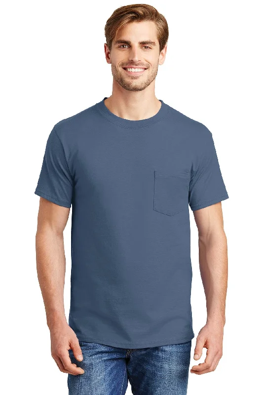 Hanes Beefy Cotton T Shirt With Pocket 5190 Denim Blue