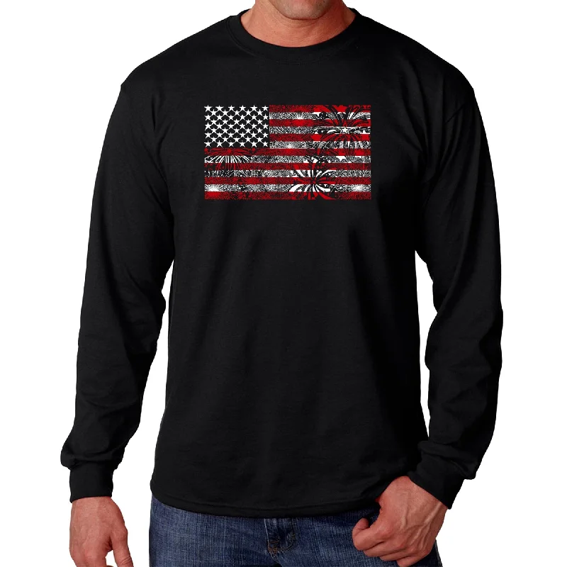 LA Pop Art Men's Word Art Long Sleeve T-shirt - Fireworks American Flag