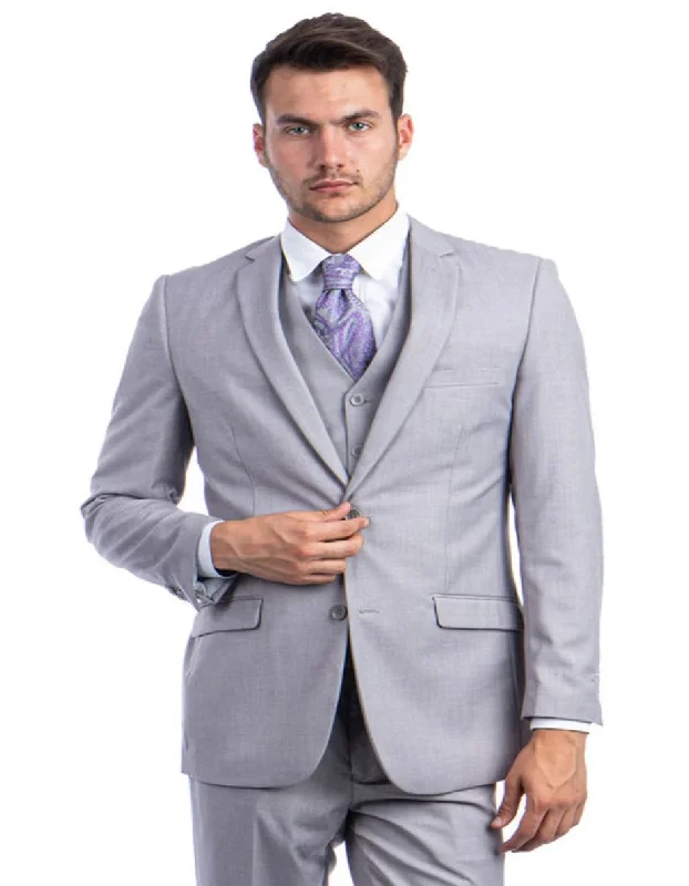 Light Grey Suit - Silver Gray Suit For Wedding - Men's two Button Basic Hybrid Fit Light Grey Vested Suit