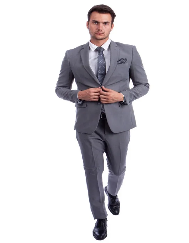 Light Grey Suit - Silver Gray Suit For Wedding - Men's Two Button Hybrid Fit Basic Business Light Grey Suit