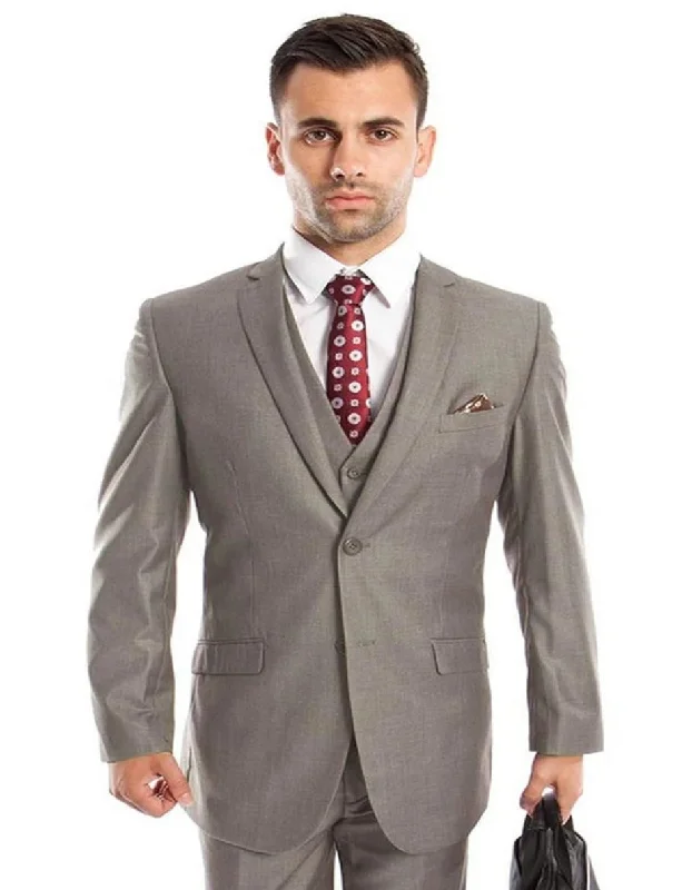 Light Grey Suit - Silver Gray Suit For Wedding - Men's Two Button Slim Fit Basic Vested Grey Wedding Suit