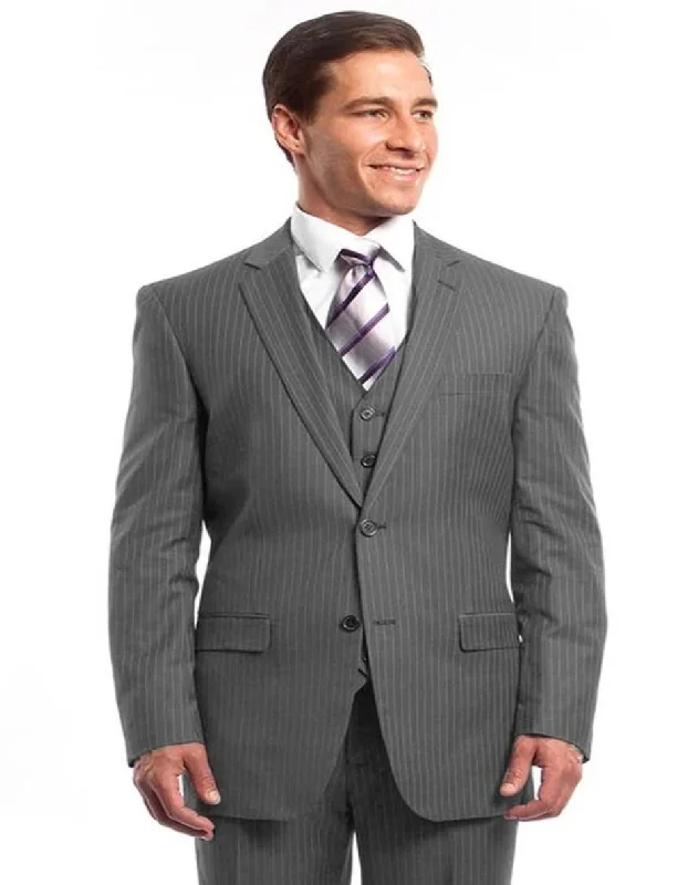 Light Grey Suit - Silver Gray Suit For Wedding - Men's Two Button Vested Business Light Grey Pinstripe Suit