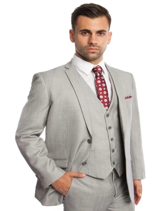 Light Grey Suit - Silver Gray Suit For Wedding - Men's Two Button Vested Business Light Grey Sharkskin Suit