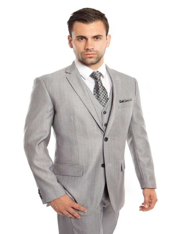 Light Grey Suit - Silver Gray Suit For Wedding - Men's Two Button Vested Textured Sharkskin Light Grey Business Suit