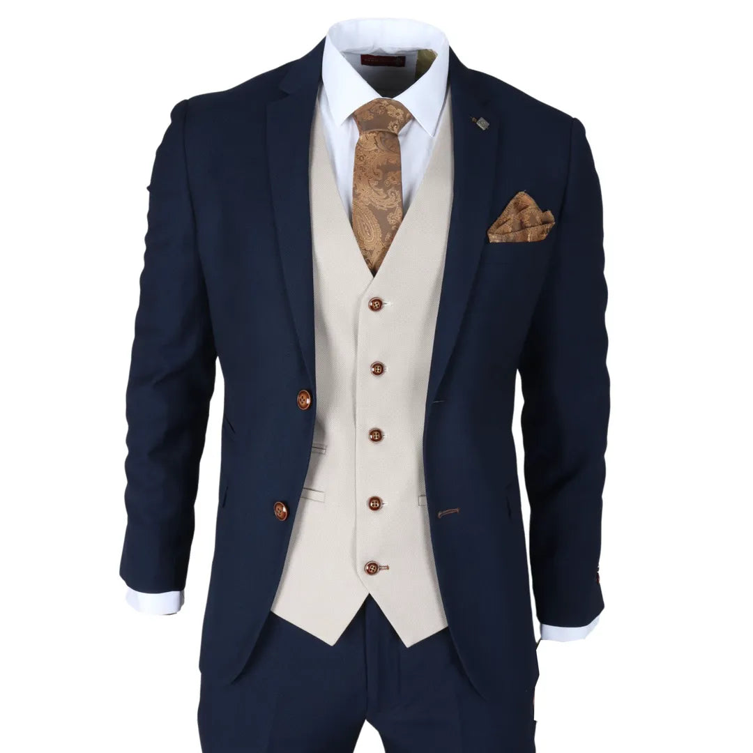 Mayfair - Men's 3 Piece Navy Suit With Cream Waistcoat