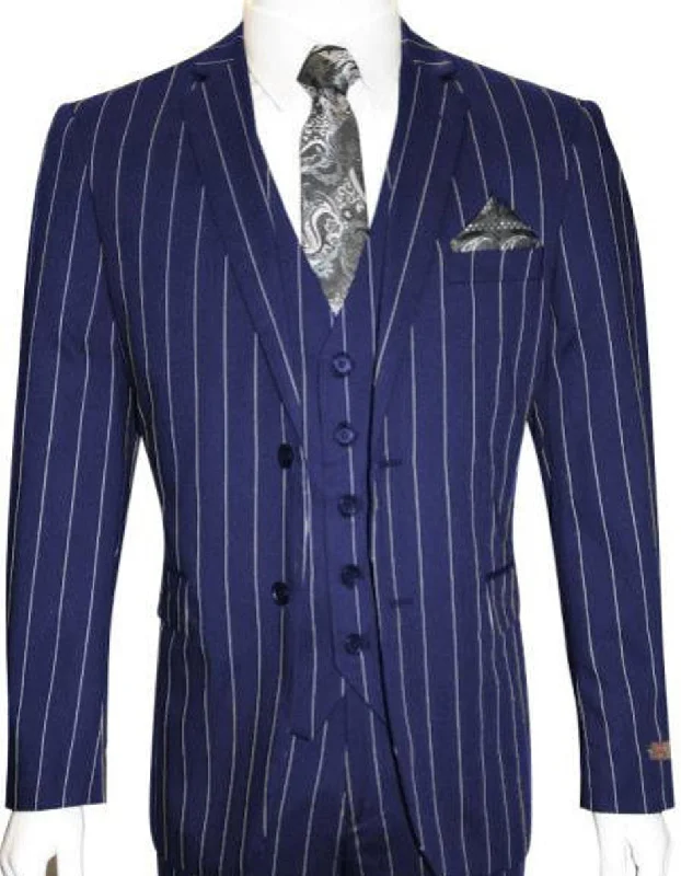 Mens 2 Button Gangster Pinstripe Suit in Dark Navy