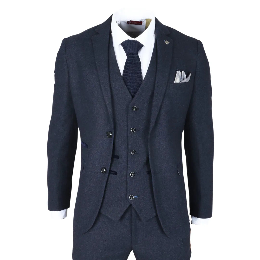 Oscar - Men's 3 Piece Navy Blue Wool Blend Tweed Suit