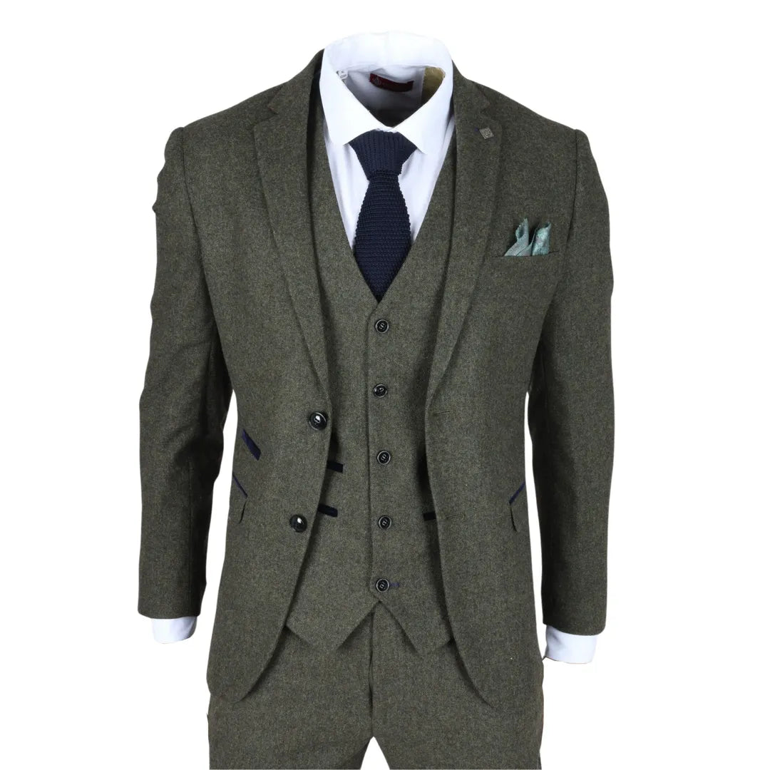 Oscar - Men's 3 Piece Olive Green Wool Blend Tweed Suit