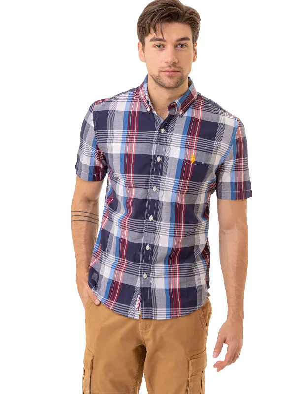 RED WHITE AND BLUE PLAID MADRAS WOVEN SHIRT