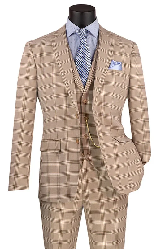 Tan Suits For Wedding - Tan Groomsmen Suits - Tan Plaid  Tuxedo