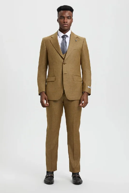 Tan Suits For Wedding - Tan Groomsmen Suits - Tan Sharkskin  Tuxedo