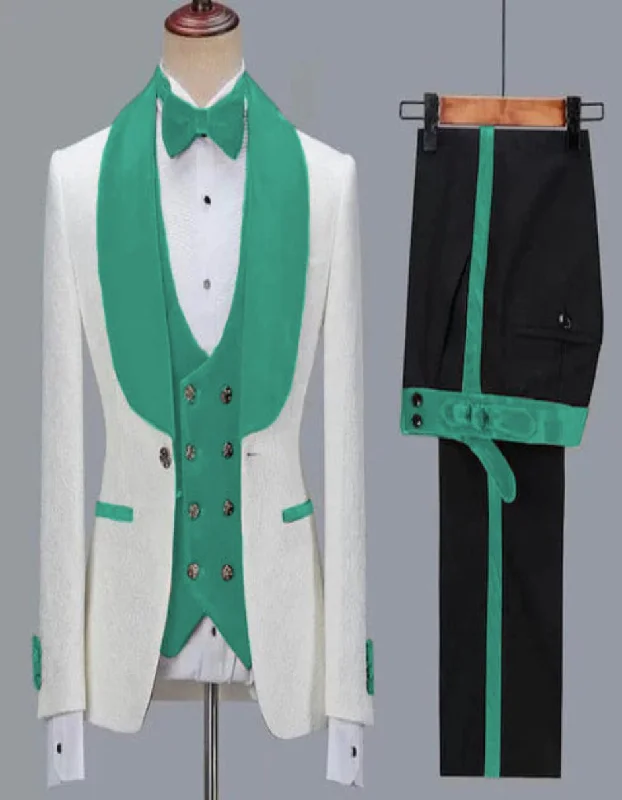 White and Teal Green Lapel Tuxedo - Single Breasted Wedding Suit