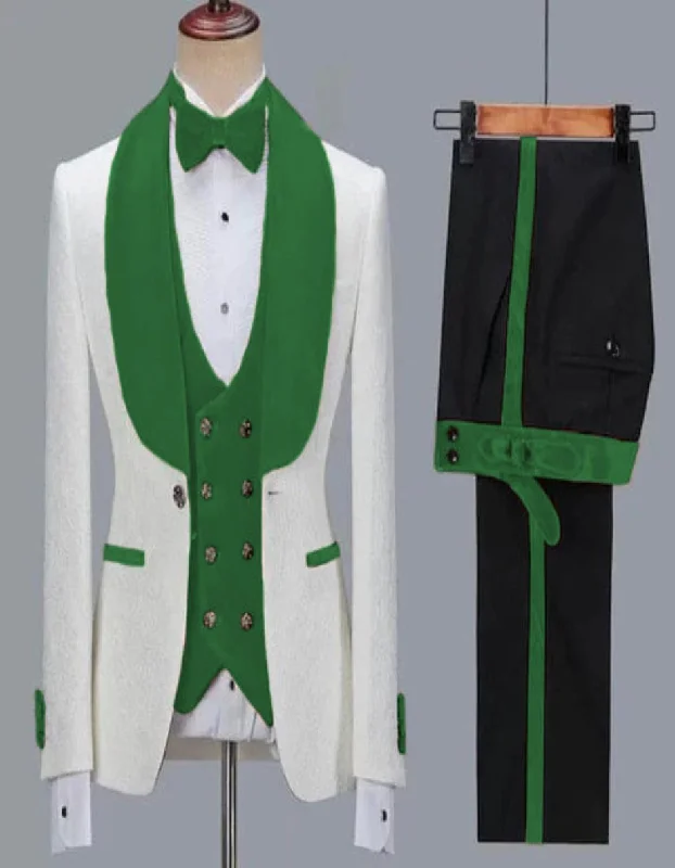 White and Teal Green Lapel Tuxedo - Wedding Groom Suit