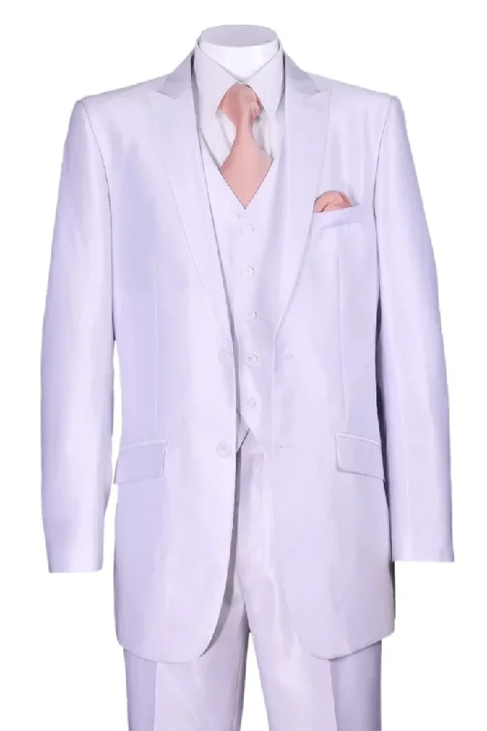 White Wedding Suit For Men - Perfect For Groom - Mens 2 Button Vested Slim Fit Shiny Sharkskin Suit In White