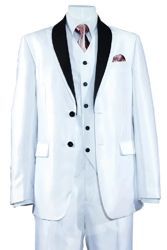 White Wedding Suit For Men - Perfect For Groom - Mens 2 Button Vested Slim Fit Shiny Sharkskin Tuxedo Suit In White