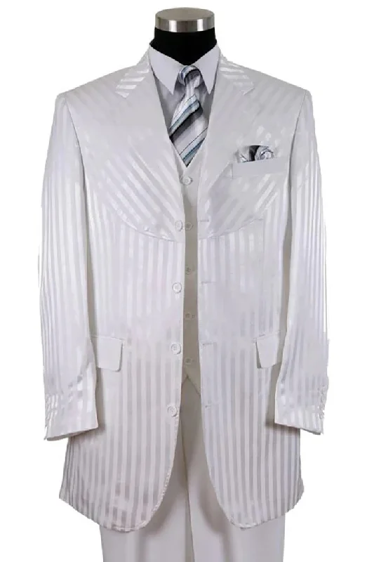 White Wedding Suit For Men - Perfect For Groom - Mens 4 Button Semi Wide Leg Shiny Tonal Stripe Fashion Suit In White