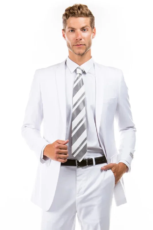 White Wedding Suit For Men - Perfect For Groom - Men's Basic 2 Button Slim Fit Wedding Suit In White