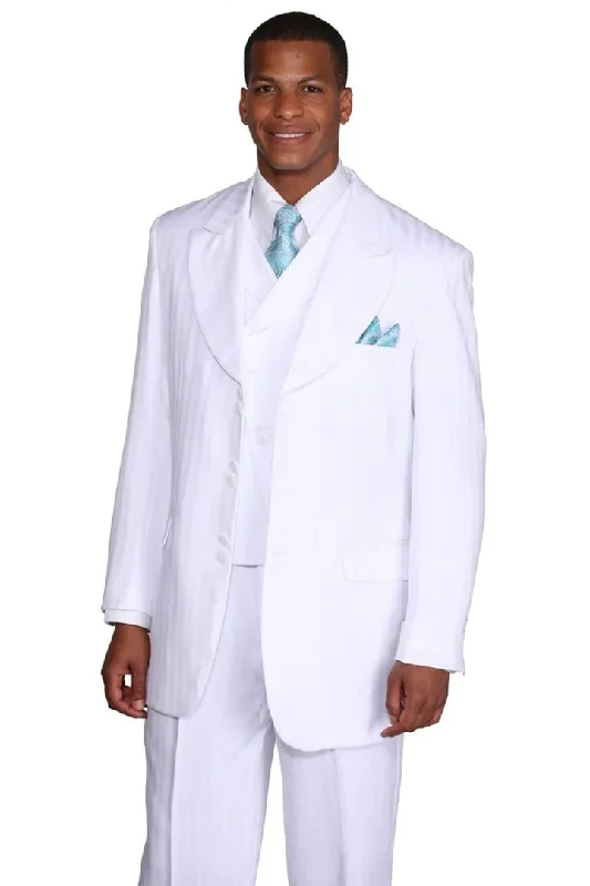 White Wedding Suit For Men - Perfect For Groom - Mens Fashion Slanted Vested Peak Lapel Tonal Pinstripe Suit In White