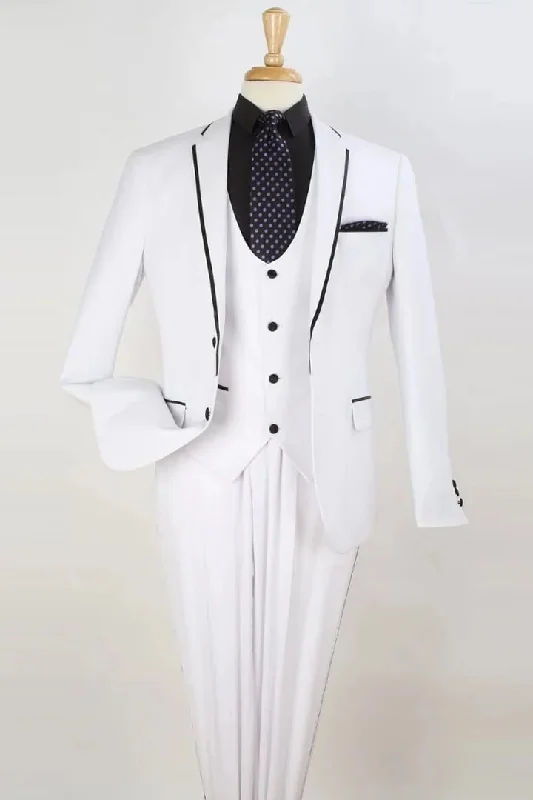 White Wedding Suit For Men - Perfect For Groom - Mens Two Button Slim Fit Vested Prom Tuxedo Suit With Trim In White