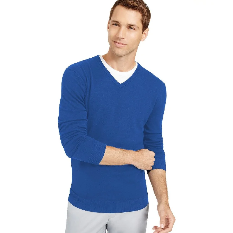 Alfani Men's Solid V-Neck Cotton Sweater Blue Size Small