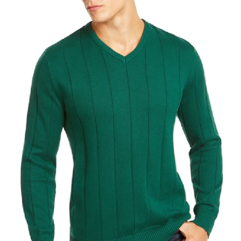 Club Room Men's Drop-Needle V-Neck Cotton Sweater Green Small