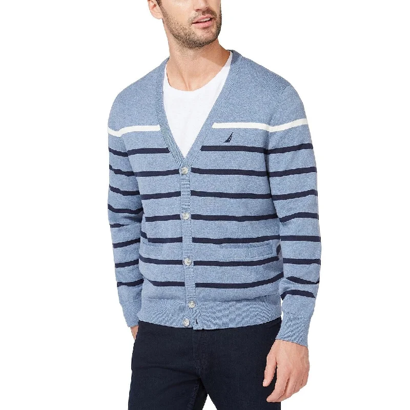 Nautica Men's Striped V-Neck Button Cardigan Dark Blue Size Large